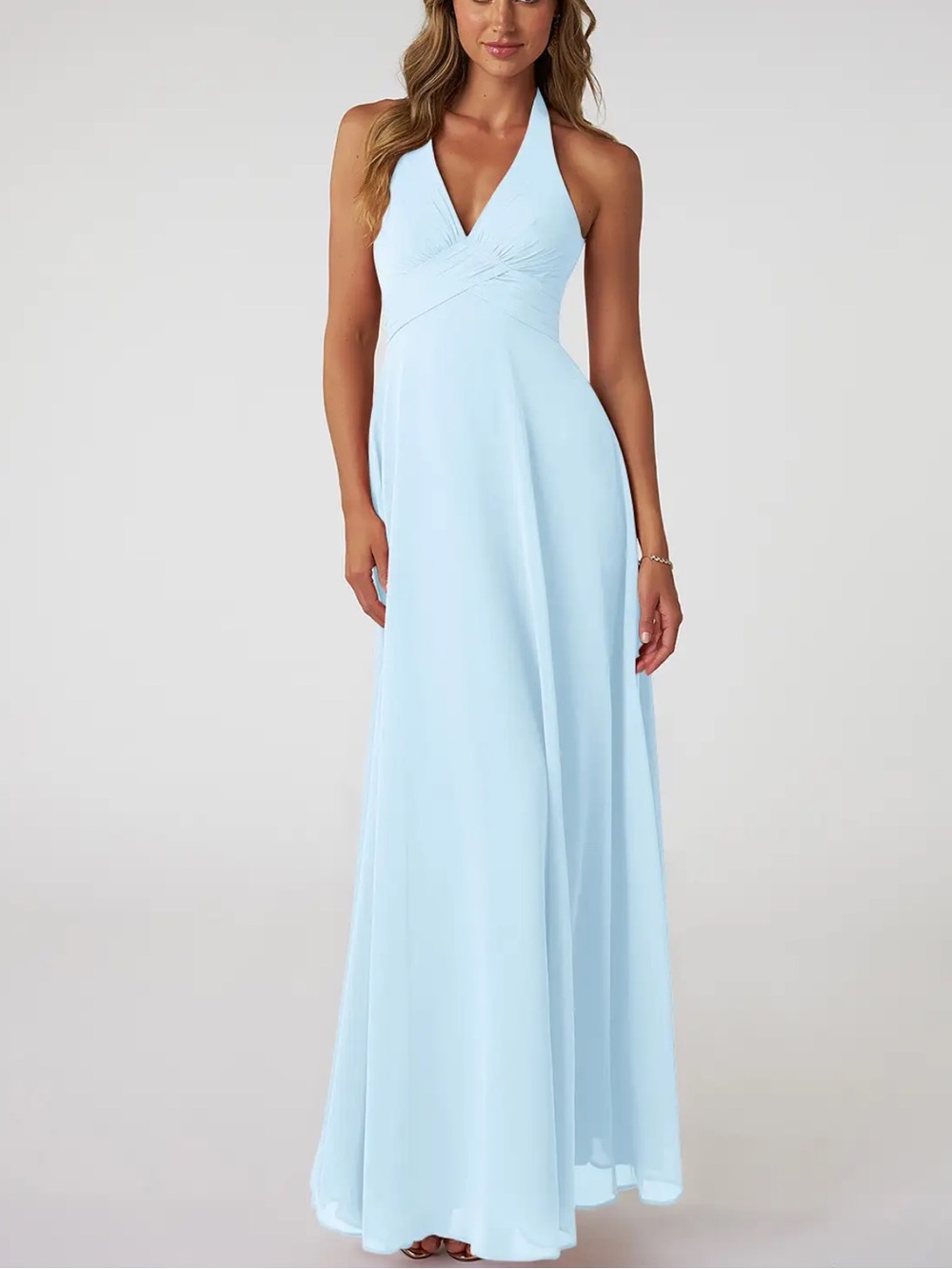 Azazie Tessie Sky Blue A-Line V-Neck Pleated Chiffon Dress